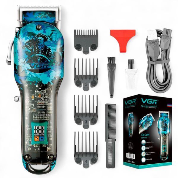 Аккумуляторная машинка для стрижки VGR V-685 Blue Professional Transparent clipper 8 насадок LED display M_V-685Blue фото