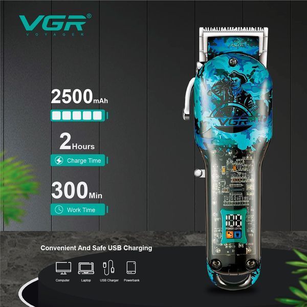 Аккумуляторная машинка для стрижки VGR V-685 Blue Professional Transparent clipper 8 насадок LED display M_V-685Blue фото